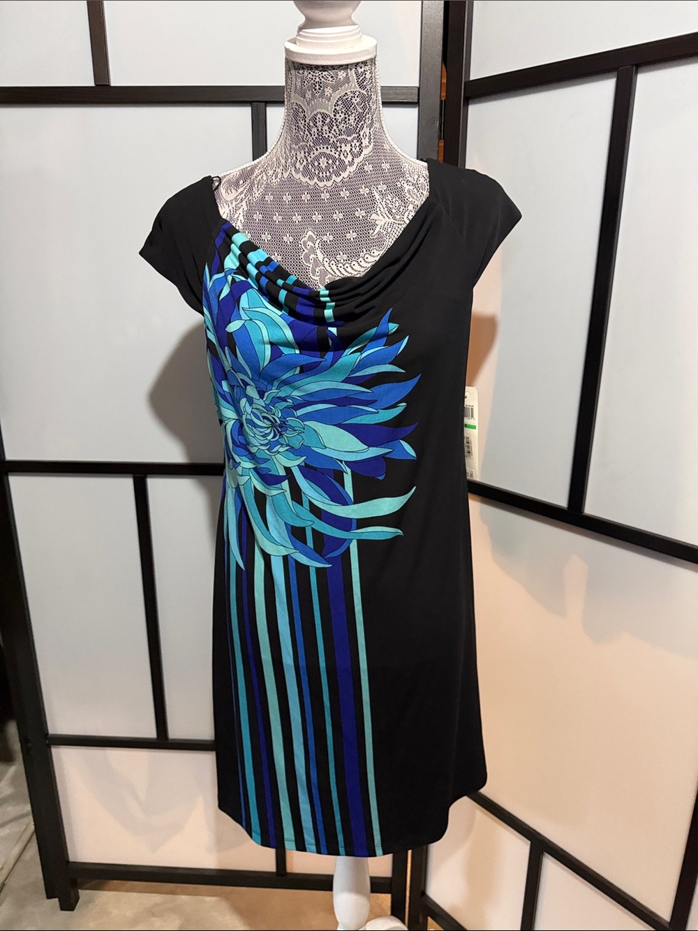 Maggy London Black Dress with Blue & Teal Floral Print
